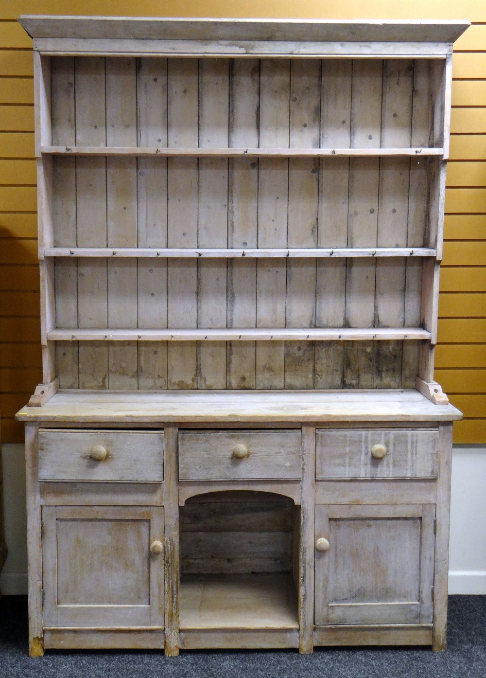 VICTORIAN STRIPPED PINE 'DOG KENNEL' DRESSER, with boarded rack, on base with three frieze drawers