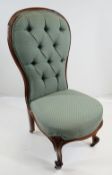 VICTORIAN WALNUT NURSING CHAIR, button upholstered balloon back, stuff-over seat, scrolled legs,