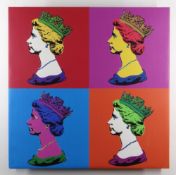 UNKNOWN pop art print on vinyl laid to board - Queen Elizabeth II in four postage-stamp portraits,