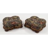 PAIR OF VICTORIAN QUATREFOIL WALNUT FOOTSTOOLS, 30cms diam. (2)