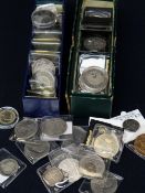 TWO COIN CONTAINERS housing assorted silver and other coins including various 'model' crowns, £5