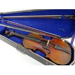 EARLY 20TH CENTURY VIOLIN, a Stradivari copy bearing spurious label, LOB 14in. with two bows,