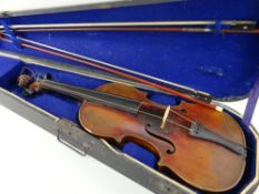 EARLY 20TH CENTURY VIOLIN, a Stradivari copy bearing spurious label, LOB 14in. with two bows,