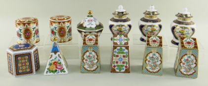 NINE MODERN SPODE CHINA PAPERWEIGHTS & THREE MINIATURE VASES AND COVERS, all with printed and gilt