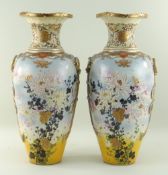 PAIR JAPANESE SATSUMA EARTHENWARE VASES, decorated with flowering kiku beneath brocade shoulder