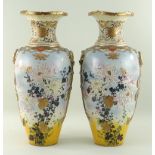 PAIR JAPANESE SATSUMA EARTHENWARE VASES, decorated with flowering kiku beneath brocade shoulder