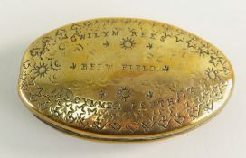 TRADITIONAL WELSH BRASS MINERS' TOBACCO OR SNUFF BOX, named to Gwilym Rees, Bedw Field, Cymmer,