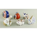 SIX MODERN ROYAL CROWN DERBY CHINA ANIMAL PAPERWEIGHTS, including snail, piglet, vole, rabbit, mouse
