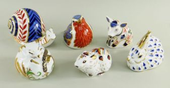 SIX MODERN ROYAL CROWN DERBY CHINA ANIMAL PAPERWEIGHTS, including snail, piglet, vole, rabbit, mouse