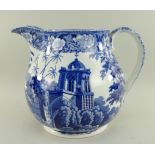 LARGE HERCULANEUM BLUE & WHITE PRINTED POTTERY JUG, decorated with 'View in the Fort, Madura' pat