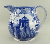 LARGE HERCULANEUM BLUE & WHITE PRINTED POTTERY JUG, decorated with 'View in the Fort, Madura' pat