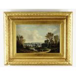 EARLY 19TH CENTURY SCHOOL oil on canvas - Landscape with figures by a pond, signed with initials JK,