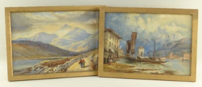 E.M. FLETCHER pair watercolours - Snowdonia landscape with Welsh figures in costume, and Italian