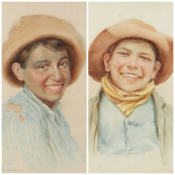TWO SIMILAR ITALIANATE WATERCOLOURS depicting portraits of two young boys in hats, indistinctly