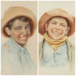 TWO SIMILAR ITALIANATE WATERCOLOURS depicting portraits of two young boys in hats, indistinctly