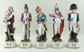 SET OF FIVE CONTINENTAL PORCELAIN NAPOLEONIC FIGURES, including Napoleon, Duke of Wellington, and