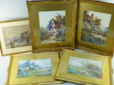 FIVE WATERCOLOUR PAINTINGS comprising C. KIPLING, a pair - river meadow landscapes with cows, 24 x