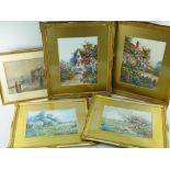 FIVE WATERCOLOUR PAINTINGS comprising C. KIPLING, a pair - river meadow landscapes with cows, 24 x