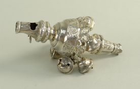 VICTORIAN SILVER BABY RATTLE, Birmingham 1858 by George Unite, with whistle, engraved and pierced