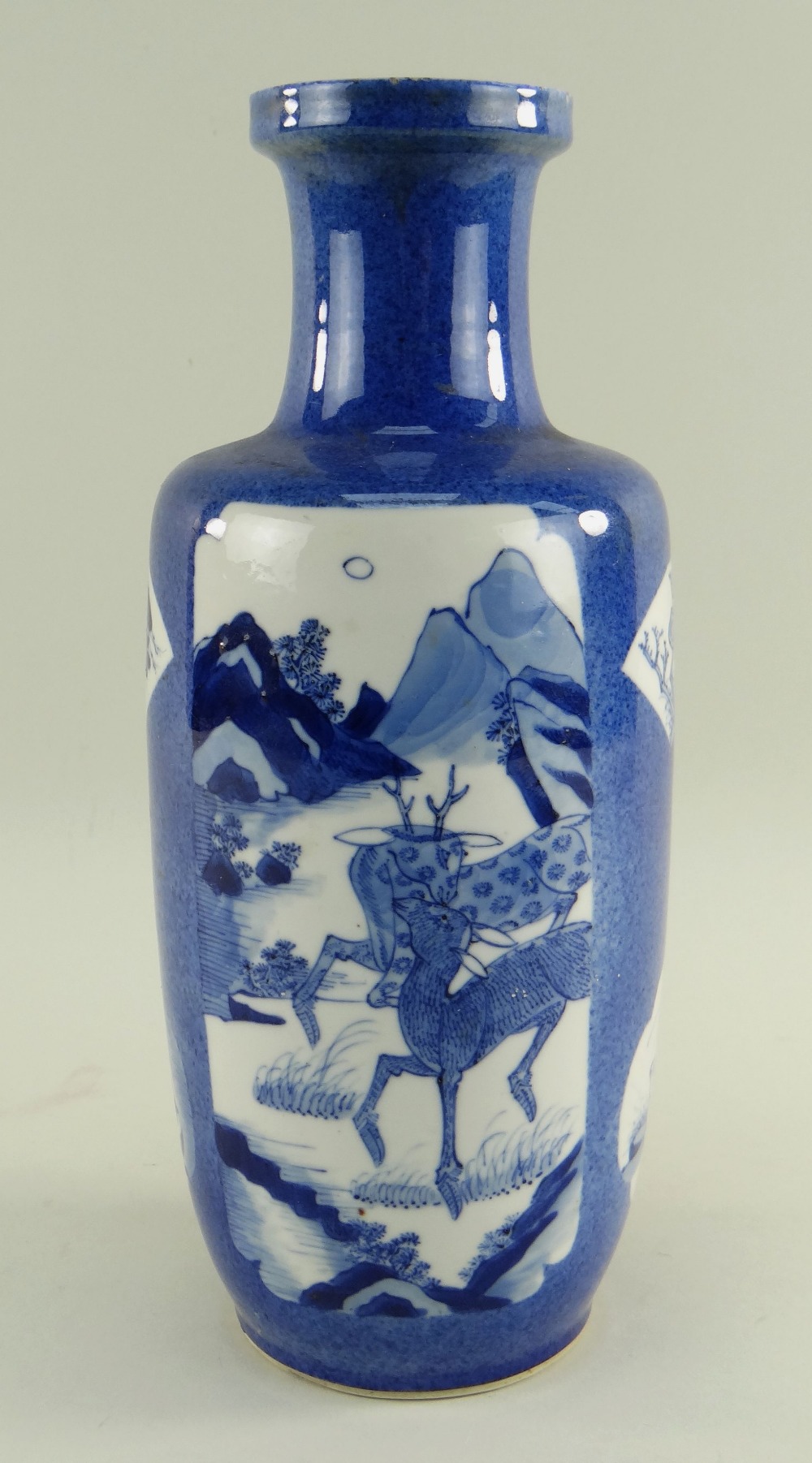 CHINESE POWDER BLUE GROUND ROULEAU VASE, late Qing dynasty, painted in the Kangxi-style with large - Image 2 of 12