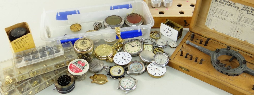 ASSORTED WATCH PARTS, including screws, spring bars, crystal setting dies ETC