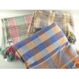 THREE VINTAGE FRINGED WOOLEN BLANKETS comprising pink and green labelled Gwili Mills of