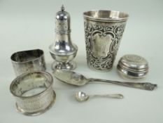 ASSORTED ITEMS OF SILVER comprising silver scroll decorated beaker of tapering form, two similar