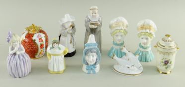 EIGHT MODERN ROYAL WORCESTER CHINA CANDLE SNUFFERS, including Mob Cap (2), Hush, French Cook,