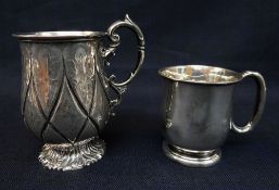 TWO SILVER CHRISTENING MUGS comprising Victorian engraved pot bellied mug with C scroll handle