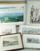 ASSORTED PICTURES INCLUDING DES HAWKINS watercolour - Honfleur harbour, Church St. Cardiff, Tenby