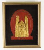 YORKSHIRE FIRE INSURANCE PLAQUE, coloured pressed metal (copper?) depicting York Minster above