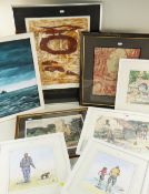 PHILIP E. HARRIS assorted pictures including four watercolours of figure studies, etching in