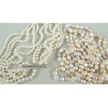 PEARLS comprising long string of cultured pearls, 200cms long, together with five row cultured pearl