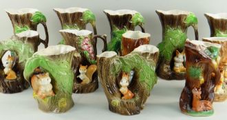 COLLECTION OF WITHERNSEA POTTERY 'FAUNA' JUGS & SPILL VASES, each modelled with a woodland animal
