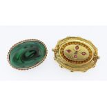 9CT GOLD OVAL MALACHITE BROOCH together with yellow metal ruby and diamond set brooch, 19.5gms (2)