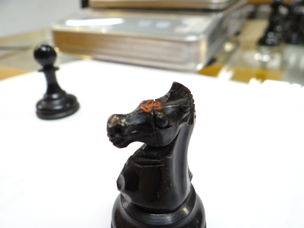 STAUNTON PATTERN CHESS SET, boxwood and ebony, rooks and knights with red stamped crowns - Image 15 of 19