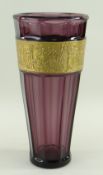 GERMAN WALTHER & SOHNE AMETHYST GLASS VASE, c. 1970s, tapering faceted form with gilt frieze of