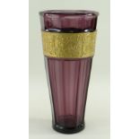 GERMAN WALTHER & SOHNE AMETHYST GLASS VASE, c. 1970s, tapering faceted form with gilt frieze of