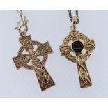 TWO SIMILAR CELTIC GOLD CROSS PENDANTS comprising 9ct example on chain together with 14K example