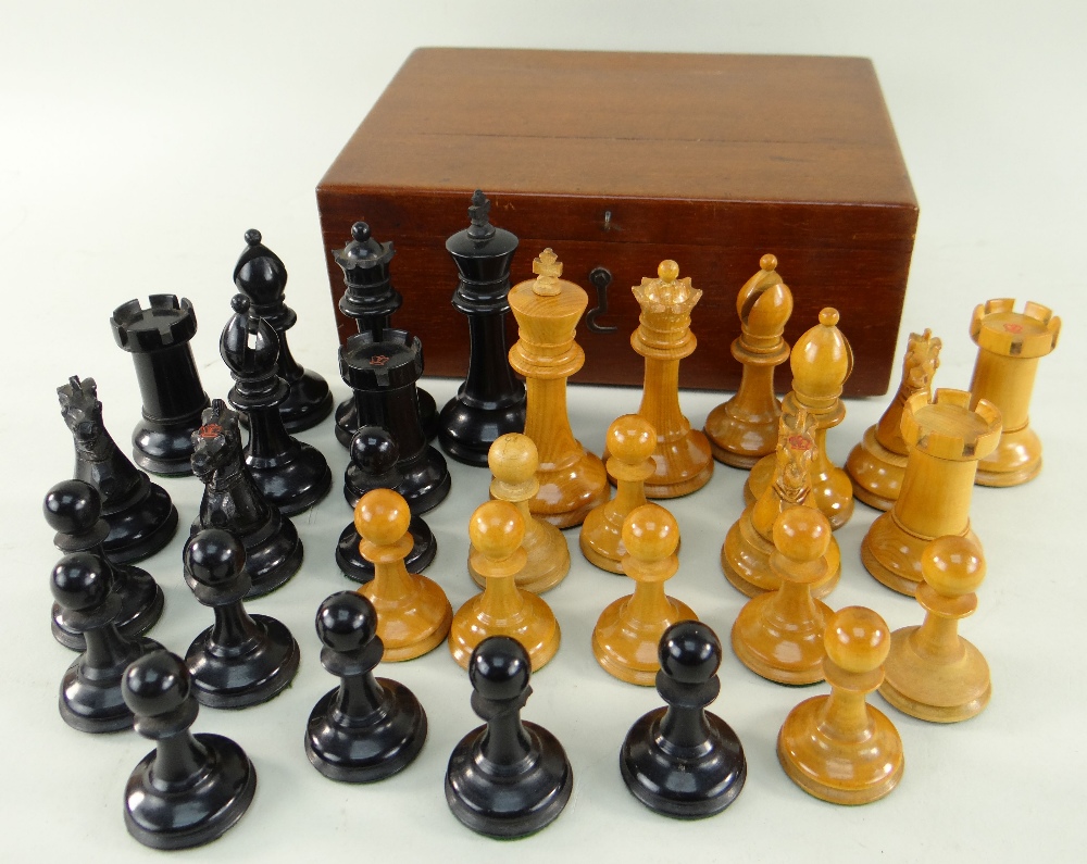 STAUNTON PATTERN CHESS SET, boxwood and ebony, rooks and knights with red stamped crowns - Image 2 of 19