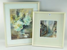 JOAN RUSSELL watercolours - view of Nutsford and still life of flowers in a vase, signed and