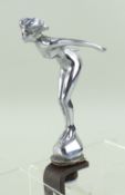 SPEED NYMTH CAR MASCOT, by A.E.Lejeune, 11.5cm high, as a diving nude, on iron bracket