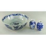 CHINESE BLUE & WHITE PUNCH BOWL AND PAIR JAPANESE VASES, the bowl late Qing dynasty and painted w