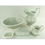 FIVE-PIECE GLAMORGAN POTTERY TOILET WARES SET comprising water jug, 25cms high, basin, 34cms diam,