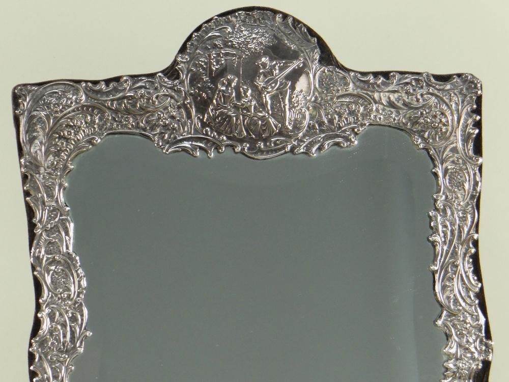 VICTORIAN-STYLE EMBOSSED SILVER EASEL-BACK MIRROR, London 1990 by M&LS, decorated with - Image 2 of 3