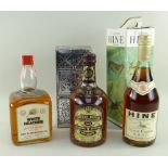 ASSORTED SPIRITS comprising Hine Vieux Cognac V.S.O.P., 70 proof, 24fl ozs in original cardboard