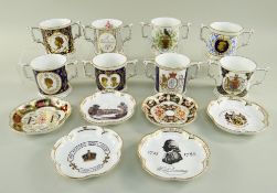 EIGHT ROYAL CROWN DERBY COMMEMORATIVE LOVING CUPS and SIX JAPAN SAUCERS, including 6 for Royal