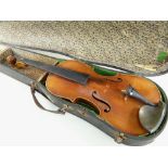 GERMAN VIOLIN, bearing label for Chr. Gamnitzer, LOB 13.5 in. Condition Report: table cracked, no
