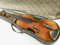 GERMAN VIOLIN, bearing label for Chr. Gamnitzer, LOB 13.5 in. Condition Report: table cracked, no