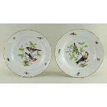 PAIR MEISSEN PORCELAIN ORNITHOLOGICAL DISHES, centres painted with passerines perched in shrubs,